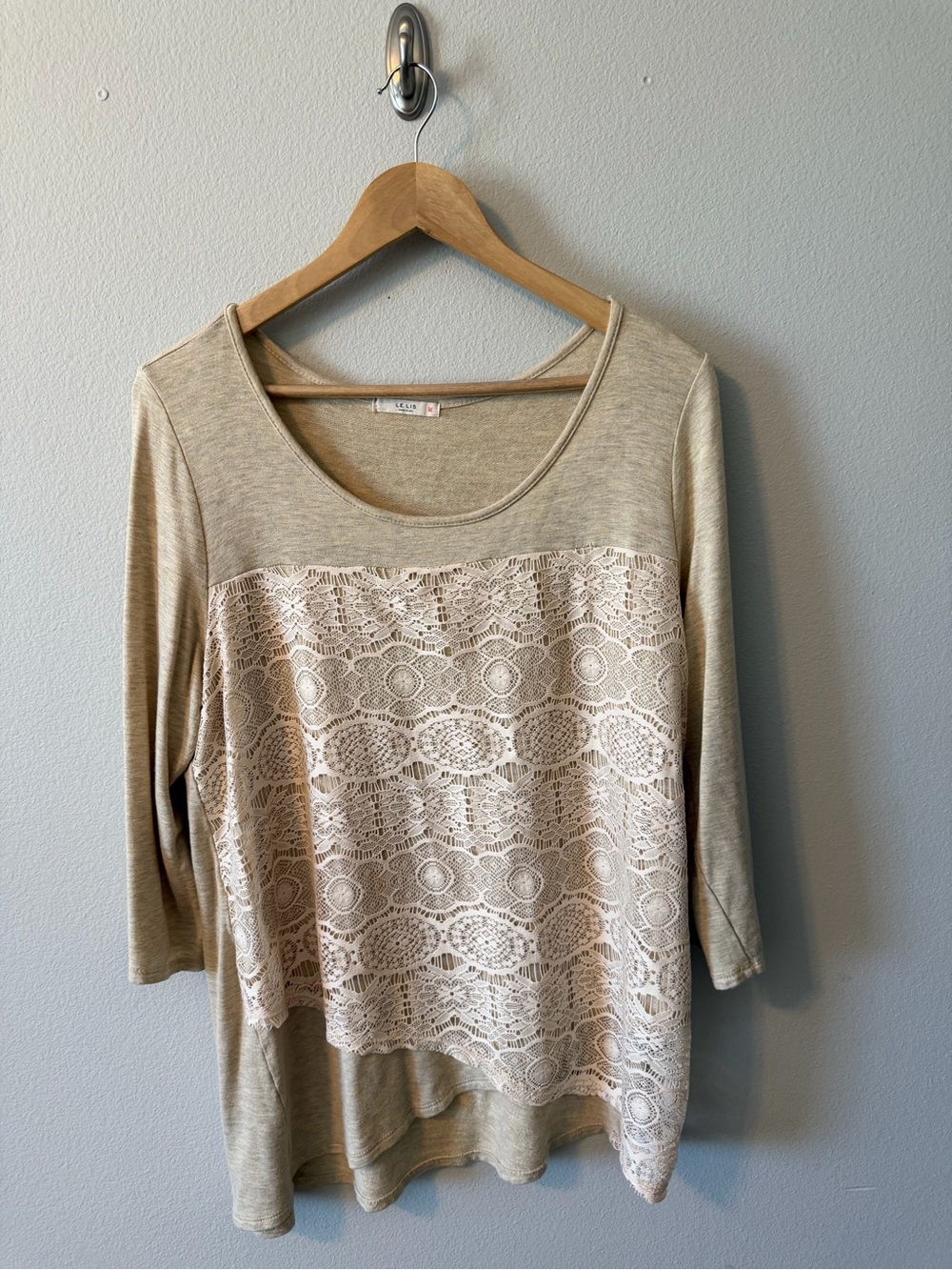 Le Lis Beige and Cream Lace Panel Long Sleeve Top